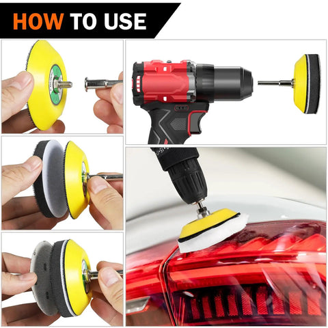 All In One 3 Inch Sanding Disc Polishing Kit For Drill Rotary Tools Wet Dry Headlight Restoration usage steps shown