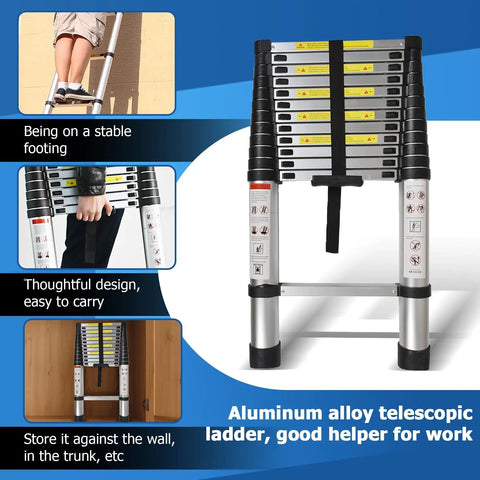 12.5 Foot Telescoping Aluminum Ladder With One Button Retraction Collapsible Extension Ladder For Indoor And Outdoor Use