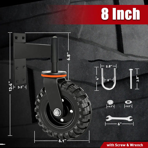 Hella Sturdy 8 Inch Gate Wheel To Fix Sagging Wood And Metal Fences With 600 Lb Swivel Capacity That Keeps Your Backyard Gate Rolling Smooth Without Breaking Hinges Or Losing Your Cool, with detailed dimensions.