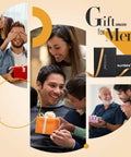 Collage of men receiving gifts, featuring Slim RFID Leather Bifold Wallet For Men With 2 ID Windows And Quick Access Slots Holds Up To 15 Cards Fits Easy In Front Pocket Gift Box Included Everyday Carry Essential.
