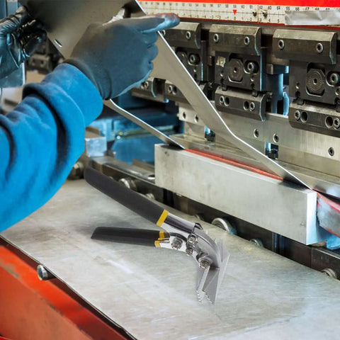 Worker using 3 Inch Manual Sheet Metal Bender And Straight Jaw Hand Seamer for metal folding near machine, lightweight tool shown.