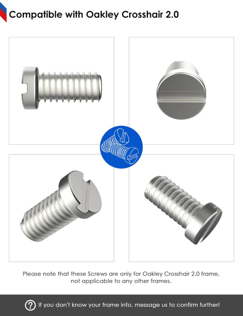 Close-up of replacement screws compatible with Oakley Crosshair OO4044 sunglasses from the Slick Glasses Repair Kit.
