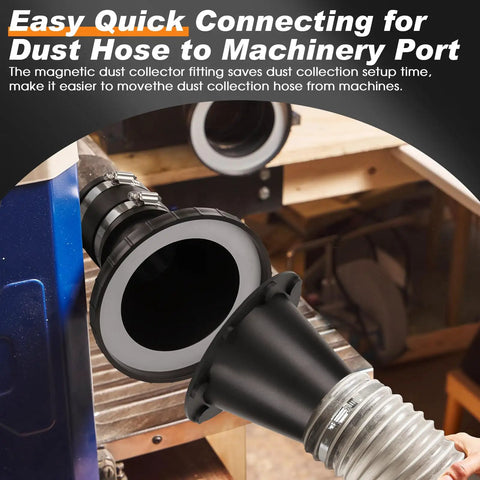 4To2.5 Magnetic Dust Collection Fitting For 2 Inch Shop Vac Hose Fast Connect adapter connecting to machinery port.