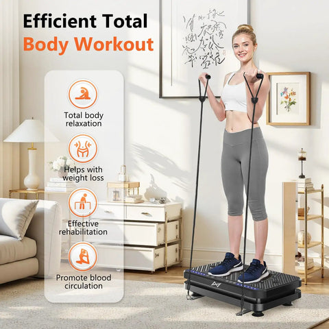 Woman using Vibration Plate Fitness Platform For Full Body Workout And Lymphatic Drainage Home Gym Shaker Machine