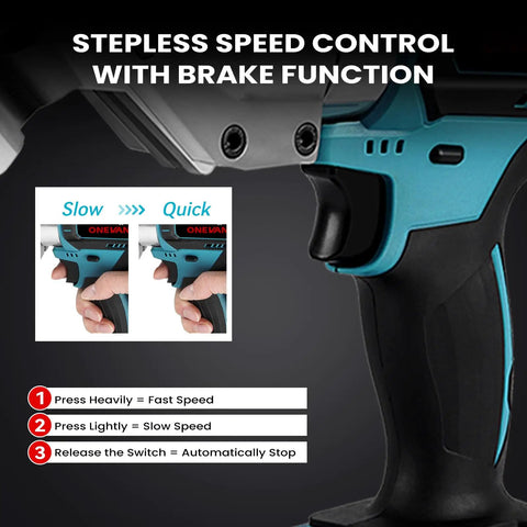 Stepless speed control and brake on heavy duty cordless metal shear electric scissors for cutting metal iron stainless steel carpet and cardboard with variable speed and dual 21V 1500mAh batteries