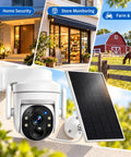 Wireless Outdoor Security Camera With Solar Power And Two Way Talk 2K Hd Full Color Night Vision PIR Motion Alerts Pan And Tilt For Front Door Or Yard Ip65 Weatherproof Plug And Play Setup mounted with solar panel for home and store monitoring.