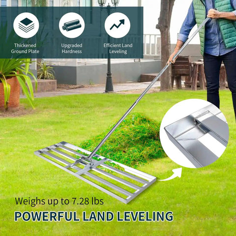 Person using Beefy Heavy Duty Lawn Leveling Rake 30x10 Inch Professional Grade Leveler Tool With Adjustable 78 Inch Handle