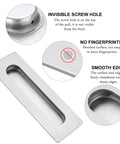 7 Inch Recessed Flush Finger Pulls For Pocket Door Sliding Door Hardware In Brushed Stainless Steel Rectangular 2 Pack Durable 304 Stainless Steel Rust Resistant Fingerprint Resistant Recess Mount showing smooth edges, no fingerprint finish, and invisible screw hole close-ups