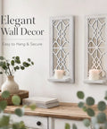 Solid Wood Farmhouse Candle Sconces Set Of Two Wall Mount Holders With Mirrored Backdrop showcasing elegant design with candles.