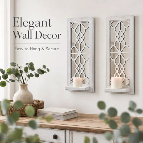 Solid Wood Farmhouse Candle Sconces Set Of Two Wall Mount Holders With Mirrored Backdrop showcasing elegant design with candles.