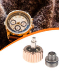 7Mm Watch Crown Replacement Kit with long stem, rose gold, shown with watch backdrop. Pro grade accessory for on-the-go repairs.