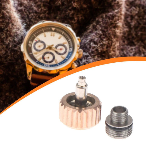 7Mm Watch Crown Replacement Kit with long stem, rose gold, shown with watch backdrop. Pro grade accessory for on-the-go repairs.