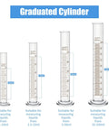 4 glass graduated cylinders with measuring scale from 10ml to 100ml. Part of 23 Piece Lab Glassware Set With Measuring Cups Beakers Graduated Cylinders Droppers Stirring Rods Cleaning Brushes And More For Chemistry Experiments Classroom Use A Must Have Starter Kit For Students And DIY Science Nerds.