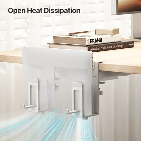 Slick Under Desk Laptop Stand Vertical Dual Slot Holder with open heat dissipation design mounted under a desk.