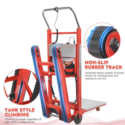 Heavy Duty Electric Stair Climbing Dolly With 1250 Watt Motor And 900 Lb Capacity showcasing non-slip rubber track and tank style climbing feature.