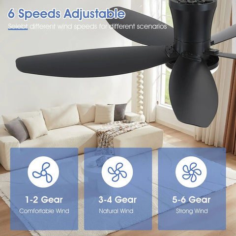 42 Inch Low Profile Ceiling Fan With Bright Dimmable Led Light Zero Hassle Remote Control Matte Black Flush Mount DC Motor showing adjustable speeds