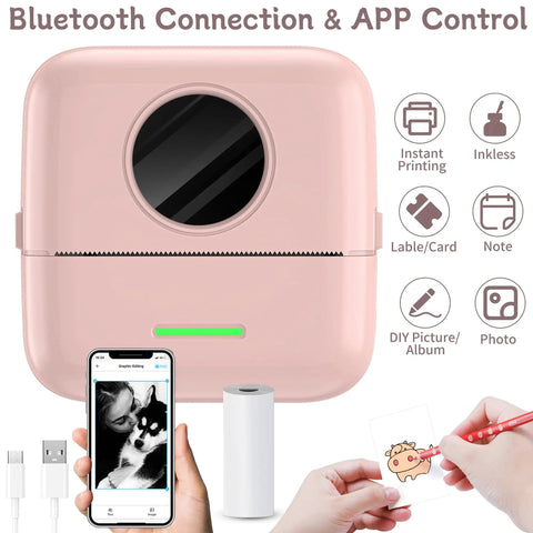 No Sweat Portable Mini Sticker Printer And Slick Inkless Thermal Maker With Effortless Bluetooth Sync For Quick Journaling Labels Study Flashcards And Casual Diy Wall Decals In Fresh Pink on white background with USB cable and paper roll.