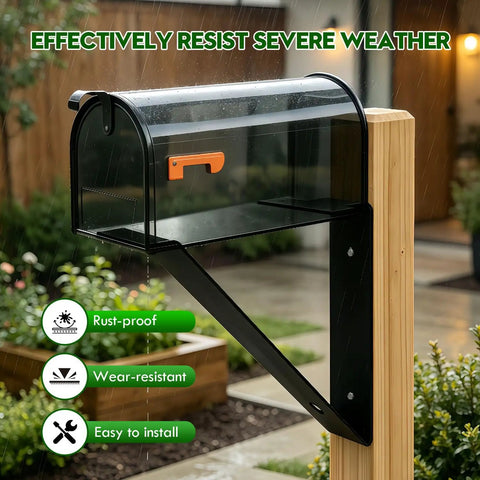 Rugged Mailbox Mounting Bracket For Post And Floating Installations Heavy Duty Post Mount Kit With Triangular Support To Stop Tilting Easy Install And Weatherproof Construction For Outdoor Mailboxes, black steel bracket on wood post