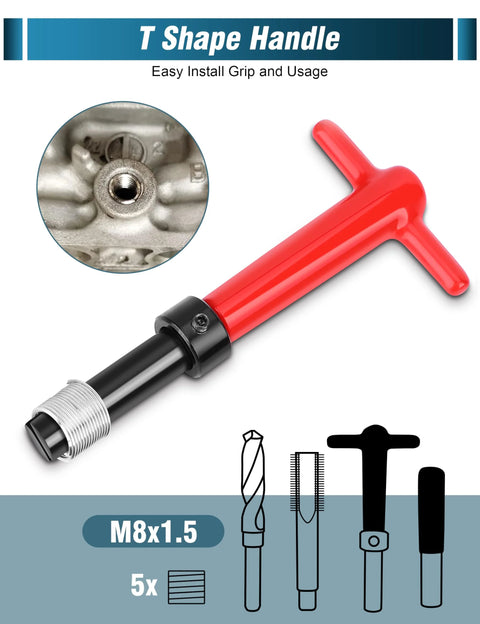 Side view of M18x1.5 thread repair tool with red T-handle, black shaft, and silver threaded nose for helicoil inserts.