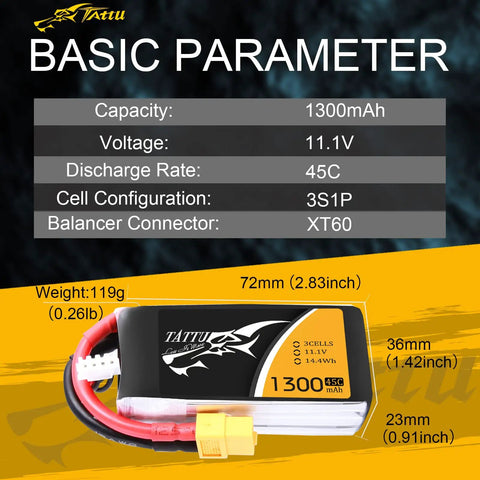 11.1V 1300mAh 45C LiPo Battery Pack With XT60 Plug specifications chart and image for FPV drones use