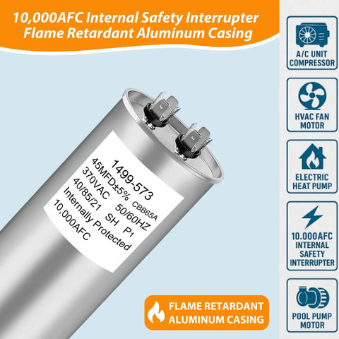 RV Roof Air Conditioner Run Capacitor Replacement 45 MFD Plus Or Minus 5 Percent 370V 50 60Hz Dual Round 1499-5731 shown