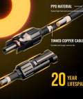 Close-up of Y Branch Solar Connector Kit showcasing PPO material, tinned copper cable, and 20-year lifespan for parallel solar panels.