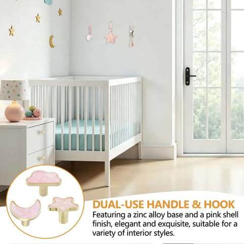 Decorative Pink Cloud Moon Star Cabinet Knobs Set, 6 Pack Zinc Alloy Dresser Knobs displayed on a nursery dresser