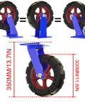 Four Pack Super Heavy Duty Swivel Caster Wheels With Brake Solid Rubber Tires shown from multiple angles on steel brackets.