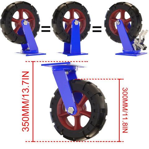 Four Pack Super Heavy Duty Swivel Caster Wheels With Brake Solid Rubber Tires shown from multiple angles on steel brackets.