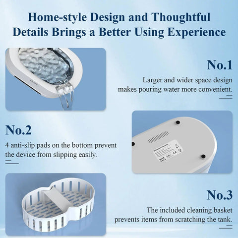 48KHz Ultrasonic Jewelry Cleaner With Five Cleaning Modes For Jewelry, Eyeglasses, Rings, Watches, Watch Bands, Dentures And More, 500ML Stainless Steel Tank features and benefits illustration