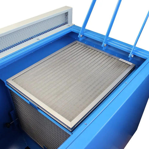 Built Damn Tough 61 By 23 Inch Metalworking Downdraft Table With Dual Motor Dust Collector vacuum system filter compartment view.