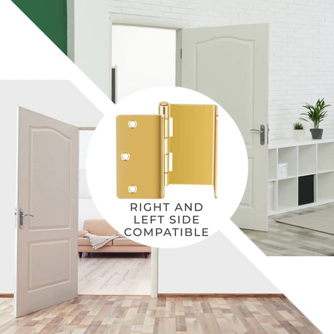 Brass Expandable Door Hinges With Offset Design Adds Two Inches To Door Openings For Wheelchairs Walkers And Transfer Chairs Three Pack No Brainer Easy Install showing right and left side compatibility.
