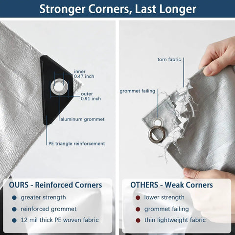 Comparison of Heavy Duty 12x16 Foot Waterproof Poly Tarp With Grommets And Reinforced Edges and a weaker tarp.