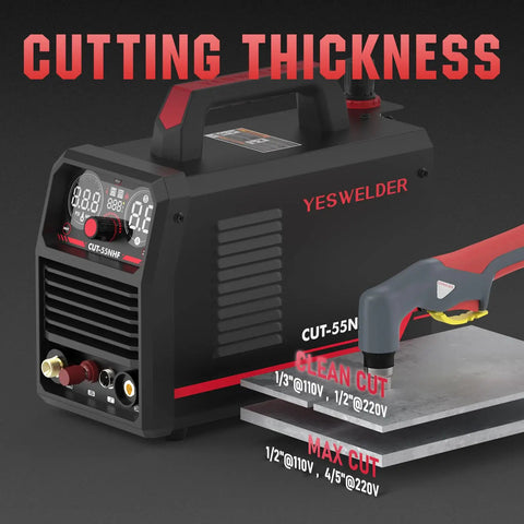 Plasma Cutter With Non High Frequency Non Touch Pilot Arc 55 Amp Dual Voltage 110 And 220V Large Digital Display Safe Blowback Start Built For DIY Hobbyists Garage And Shop Projects Smooth Reliable Cuts featured with cutting torch on metal slab.