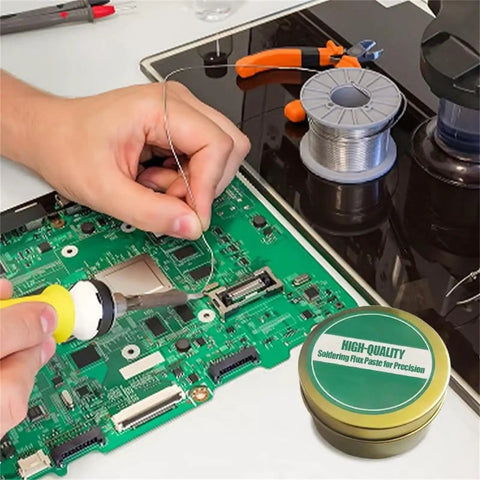 Soldering a PCB with No Clean Lead Free Solder Flux Paste 100g Pro Grade For Precision Electronics Repair, two boxes visible