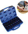 25 Piece Screw Extractor Set With Alloy Steel Remover Tools For Damaged Hex Head And Stripped Screws in blue case and use example