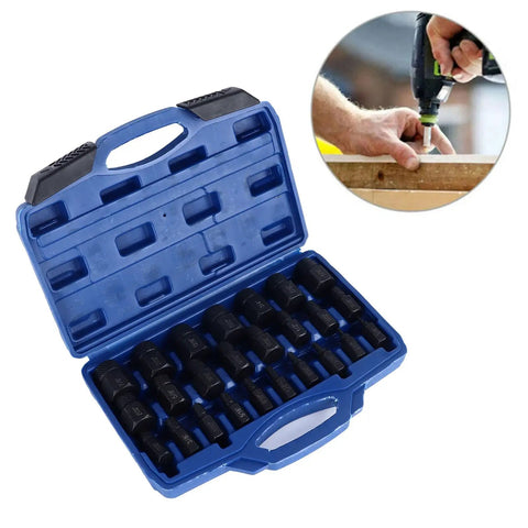 25 Piece Screw Extractor Set With Alloy Steel Remover Tools For Damaged Hex Head And Stripped Screws in blue case and use example