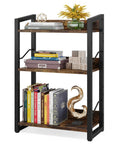 Three Tier Narrow Bookshelf With Edge Protection And Side Cross Tube Design For Picture Frames Statues Easy Peasy Setup Super Solid Storage Rack, showcasing books and decor in rustic brown finish.