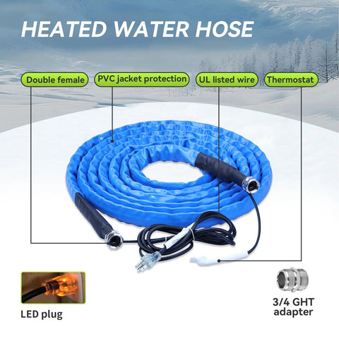 RVMATE heated RV water hose, 35 ft, blue PVC jacket, thermostat, LED plug, 3/4 GHT adapter
