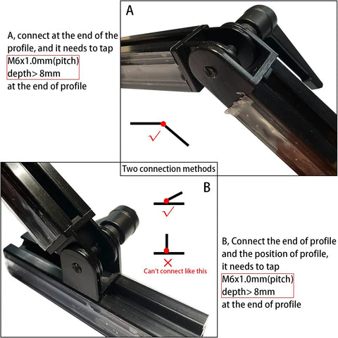 2 Pack 2020 Series Aluminum Extrusion Profile Connector Set With Flexible Pivot Joints And Handles 6mm T Slot 20x20 Rails Black Zinc Alloy Hardware For Building And DIY Projects. Side view on 20x20 rail