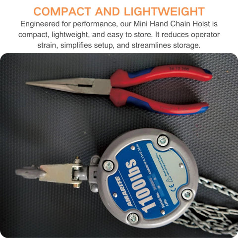 Industrial Mini Manual Chain Hoist With 1100 Lbs Capacity And 10 Foot Lift, shown with pliers, compact design and GS certified.
