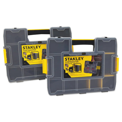 Front view of two Sortmaster Junior Organizer Yellow Stackable Tool Organizers with removable dividers in a garage.