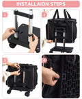 Installation steps for Rolling Teacher Tote Bag With Five Wheels And Detachable Trolley, featuring assembly process with black bag and trolley.