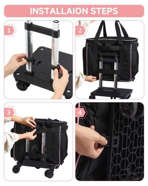 Installation steps for Rolling Teacher Tote Bag With Five Wheels And Detachable Trolley, featuring assembly process with black bag and trolley.