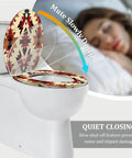 Elongated Resin Toilet Seat for Bathroom with colorful tribal design, featuring quiet closing mechanism and slow shut-off.