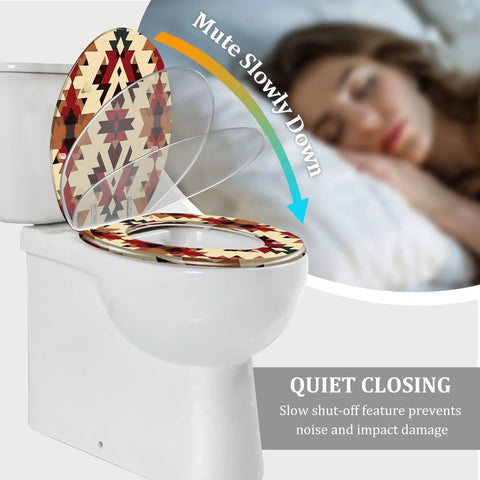 Elongated Resin Toilet Seat for Bathroom with colorful tribal design, featuring quiet closing mechanism and slow shut-off.