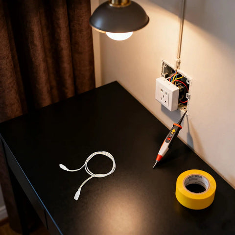 LED Tube Lamp Wire With 3 Pin Double End Connector Flexible Power Extension Cable on desk beside wall outlet