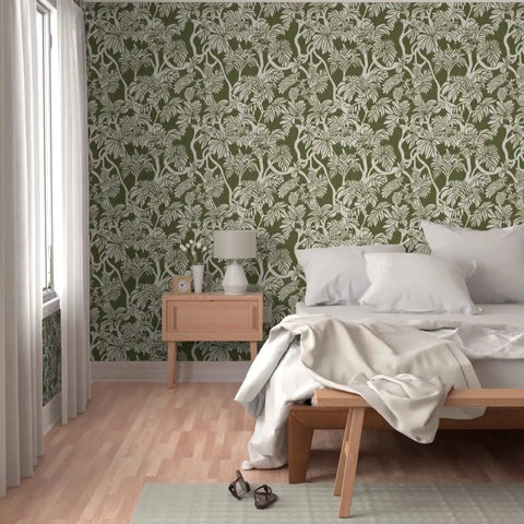 Top Notch Type II Professional Tropical Jungle Wallpaper Featuring Hella Durable Matte Finish and Subtle Linen Texture in a stylish bedroom.