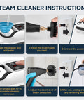 Steam cleaner instructions showing steps to use the Ultra Powerful 2500W Handheld Steam Cleaner For Home.