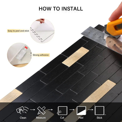 Installation steps for Peel And Stick Backsplash Wood And Metal Mosaic Tiles For Kitchen Self Adhesive No Grout No Mess DIY Friendly
